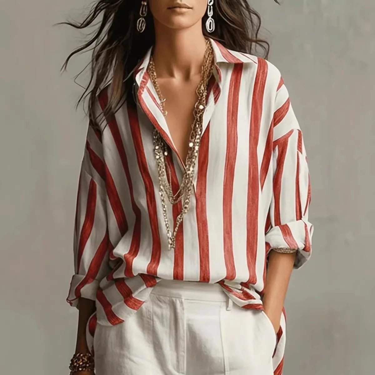 Harper | Women's Relaxed-Fit Vertical Striped Open-Collar Long Sleeve Blouse