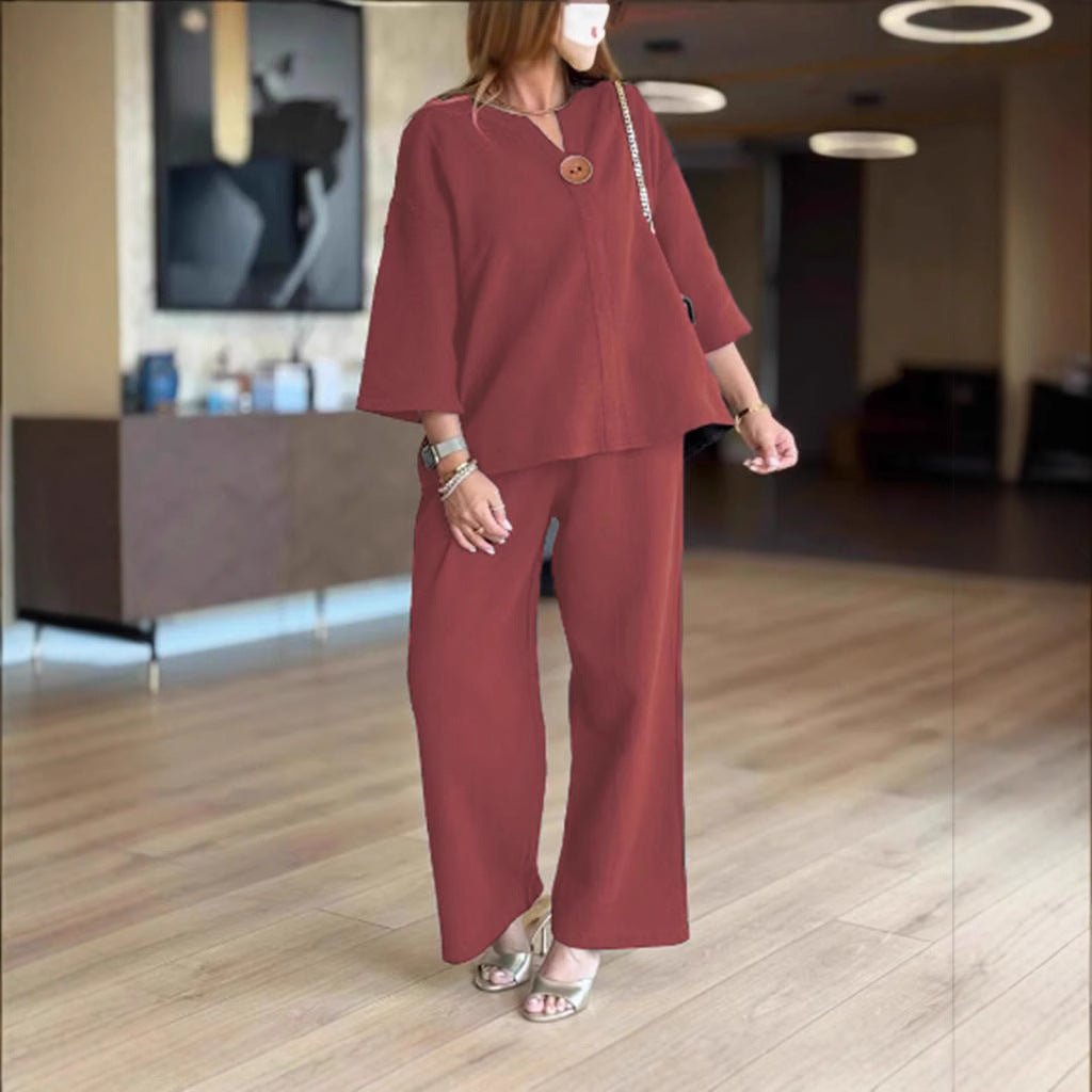 Grace | Women's Relaxed Linen-Look 3/4 Sleeve Tunic Wide-Leg Pants Set