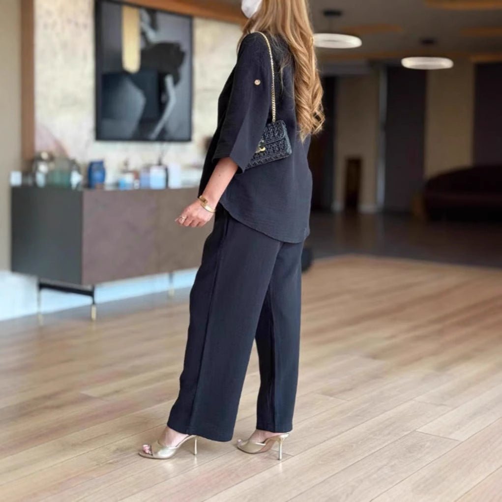 Grace | Women's Relaxed Linen-Look 3/4 Sleeve Tunic Wide-Leg Pants Set