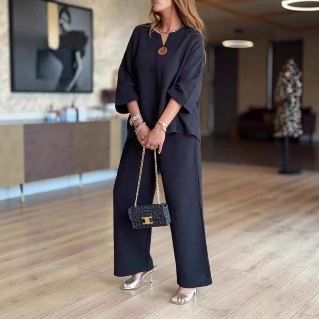 Grace | Women's Relaxed Linen-Look 3/4 Sleeve Tunic Wide-Leg Pants Set