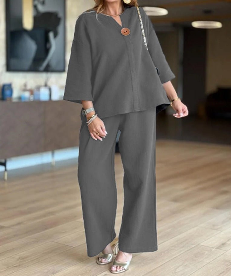 Grace | Women's Relaxed Linen-Look 3/4 Sleeve Tunic Wide-Leg Pants Set