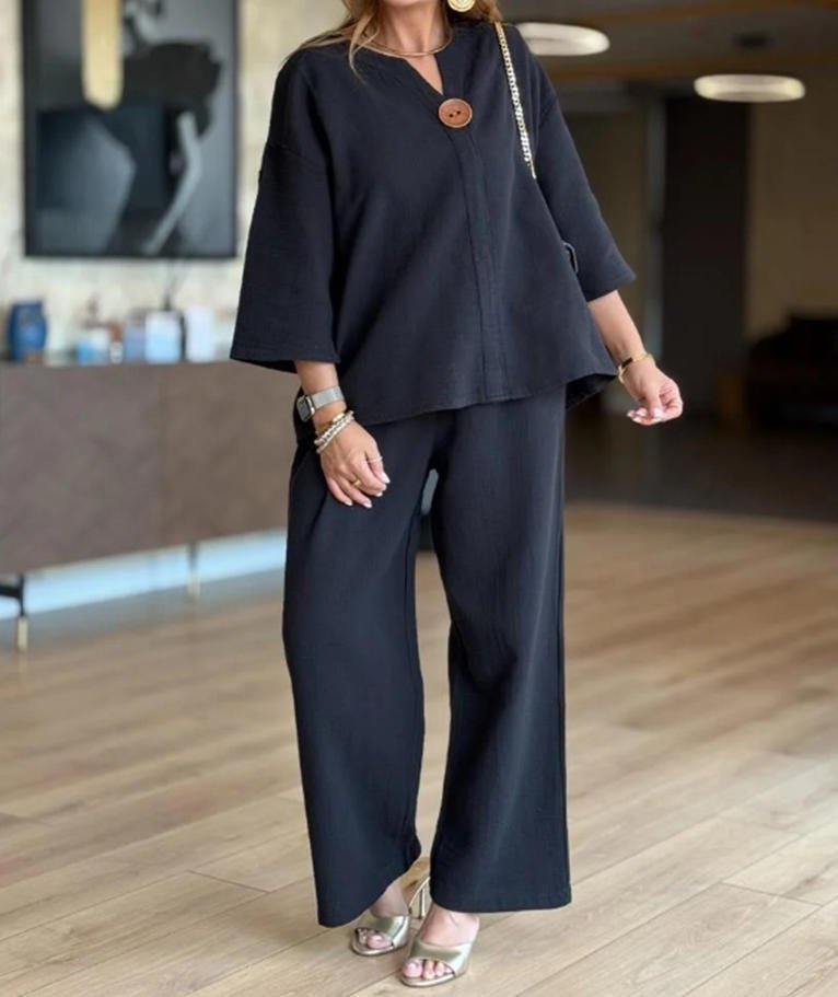 Grace | Women's Relaxed Linen-Look 3/4 Sleeve Tunic Wide-Leg Pants Set