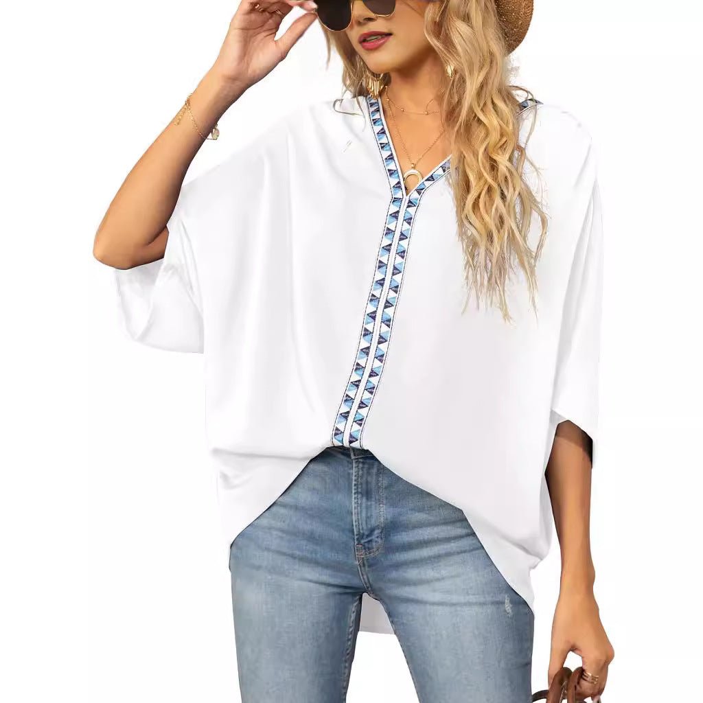 Scarlett | Women's Relaxed V-Neck Geometric Trim Oversized Tunic Top