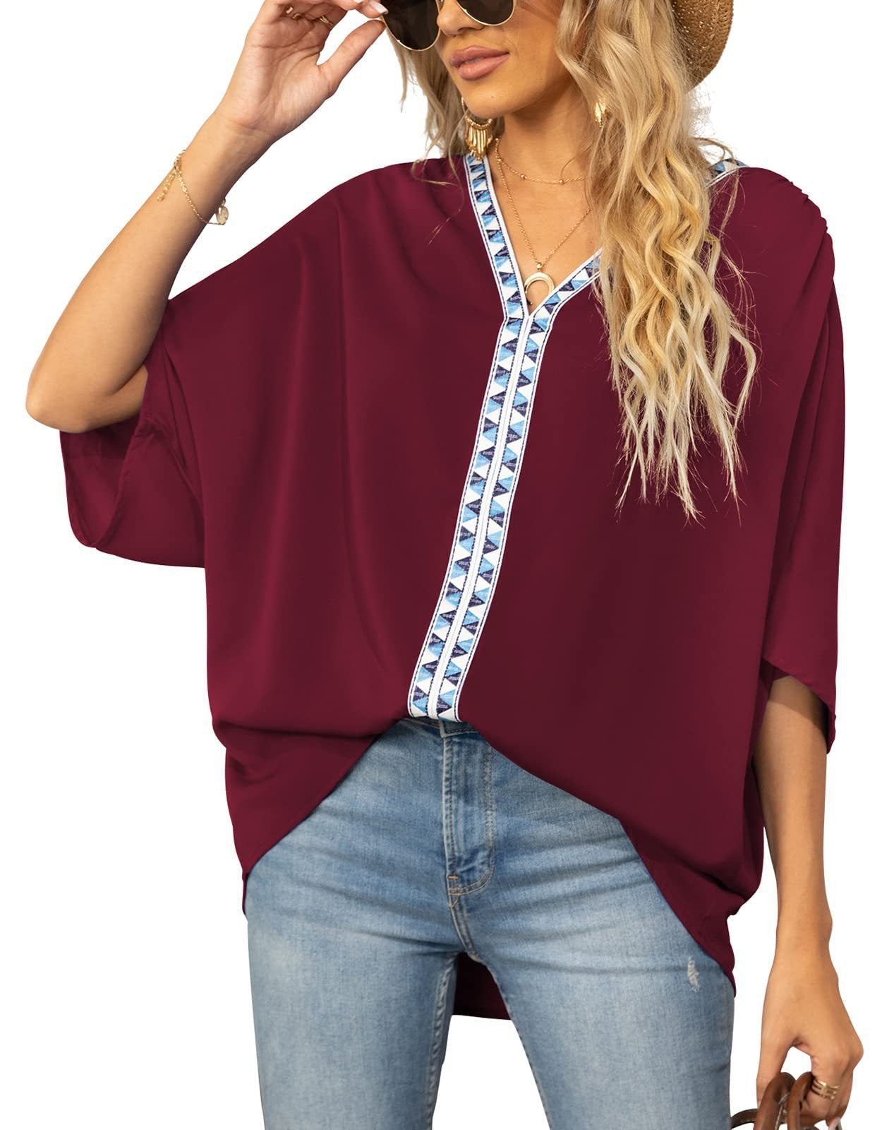 Scarlett | Women's Relaxed V-Neck Geometric Trim Oversized Tunic Top