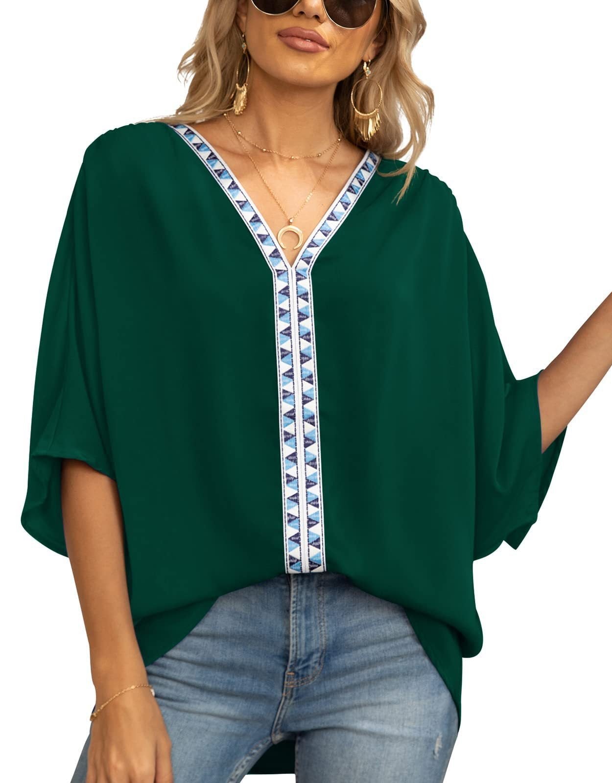 Scarlett | Women's Relaxed V-Neck Geometric Trim Oversized Tunic Top