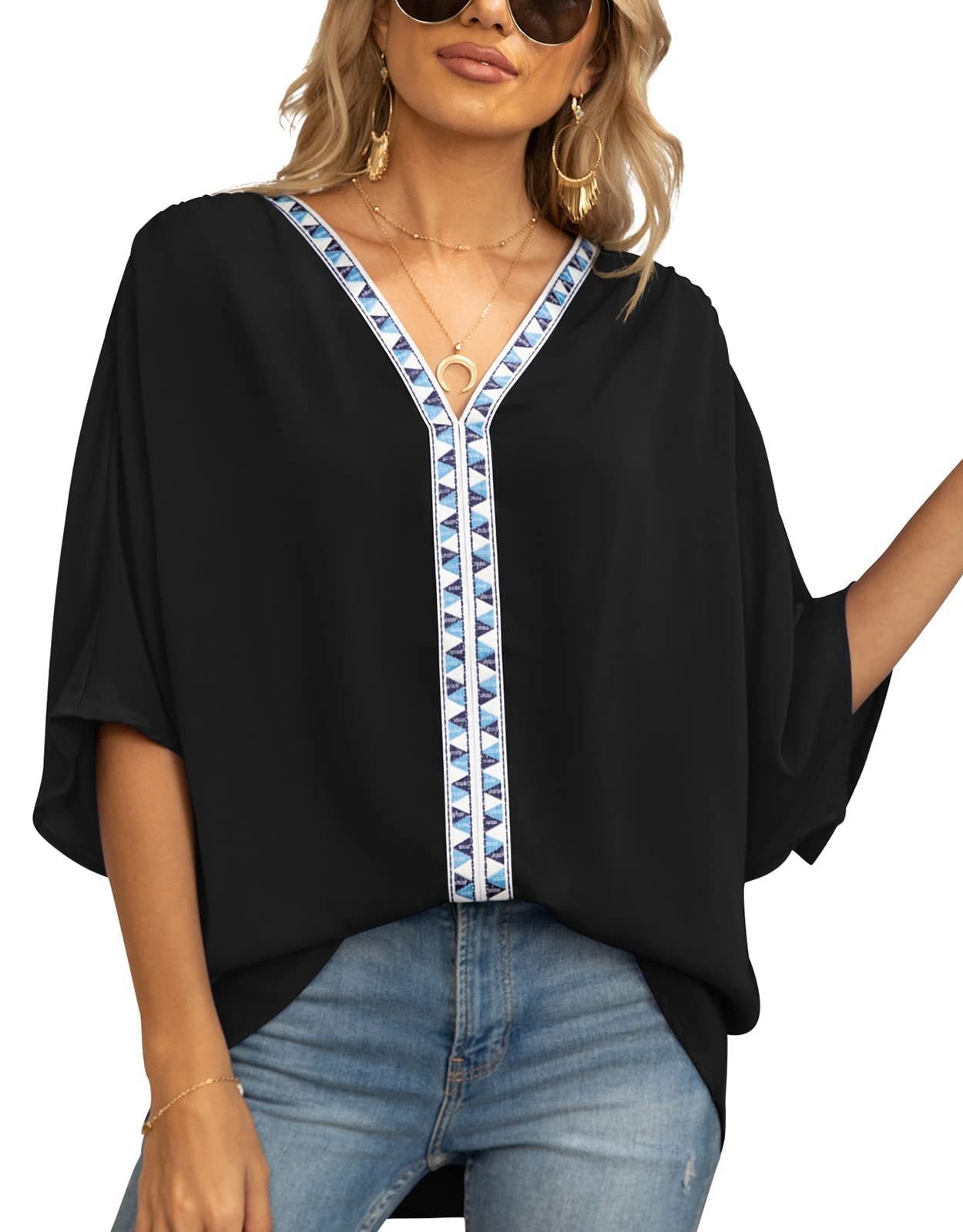 Scarlett | Women's Relaxed V-Neck Geometric Trim Oversized Tunic Top