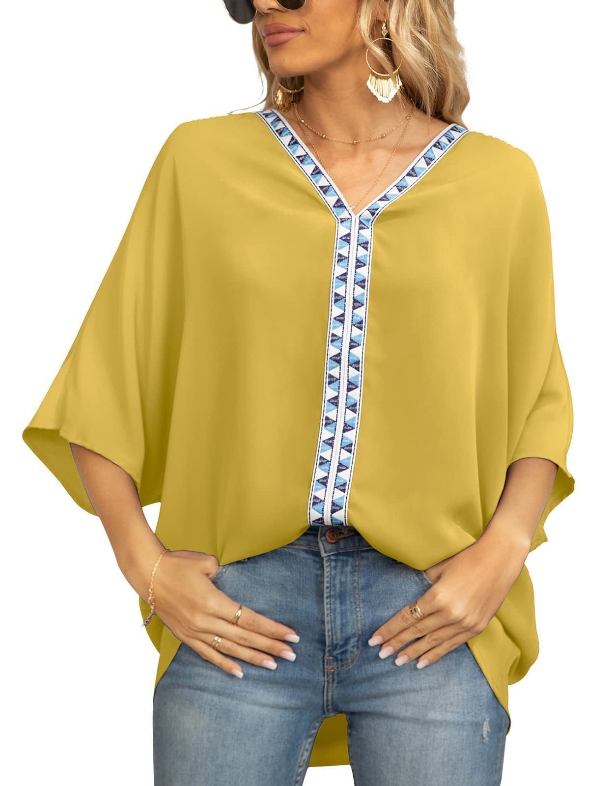 Scarlett | Women's Relaxed V-Neck Geometric Trim Oversized Tunic Top