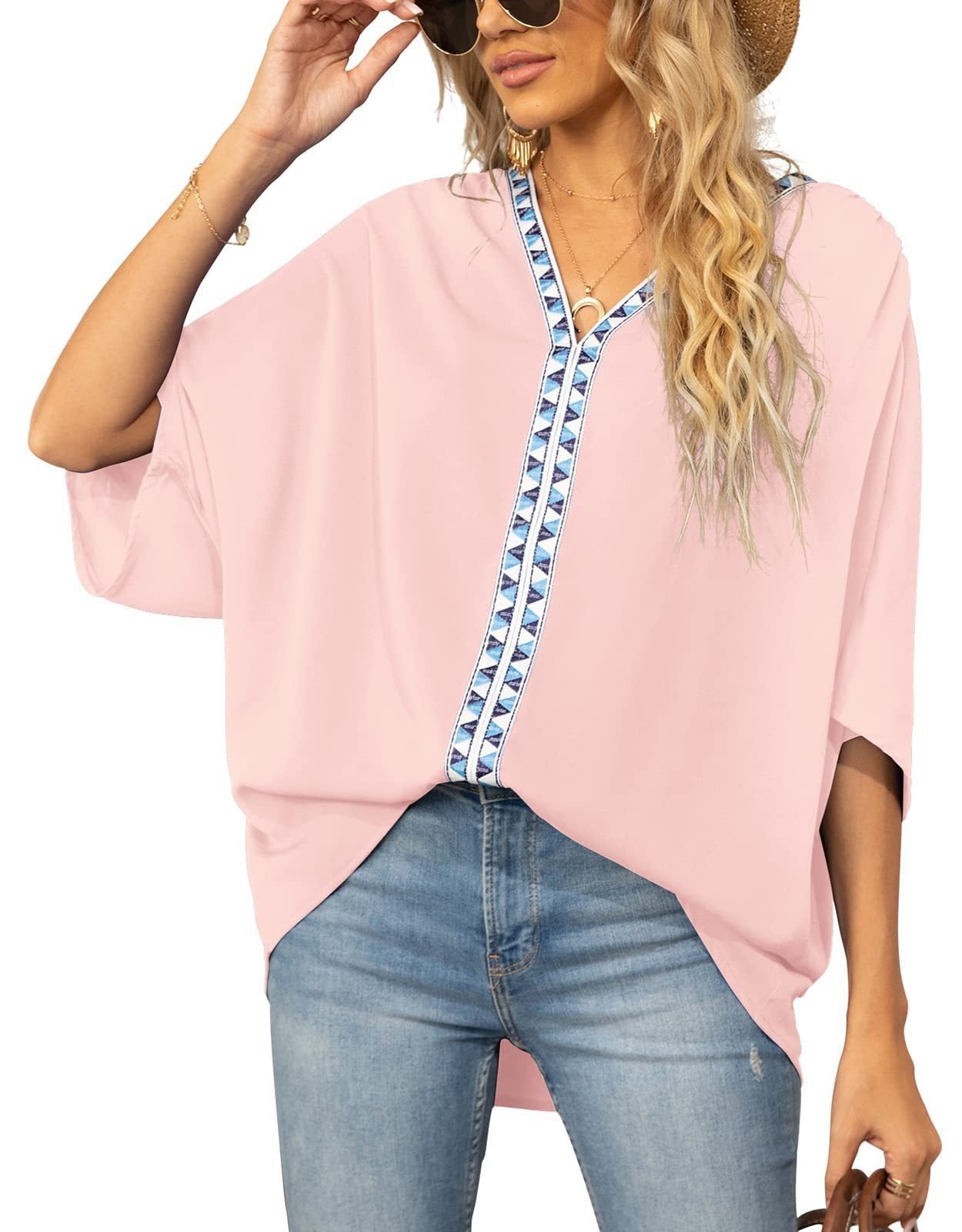 Scarlett | Women's Relaxed V-Neck Geometric Trim Oversized Tunic Top