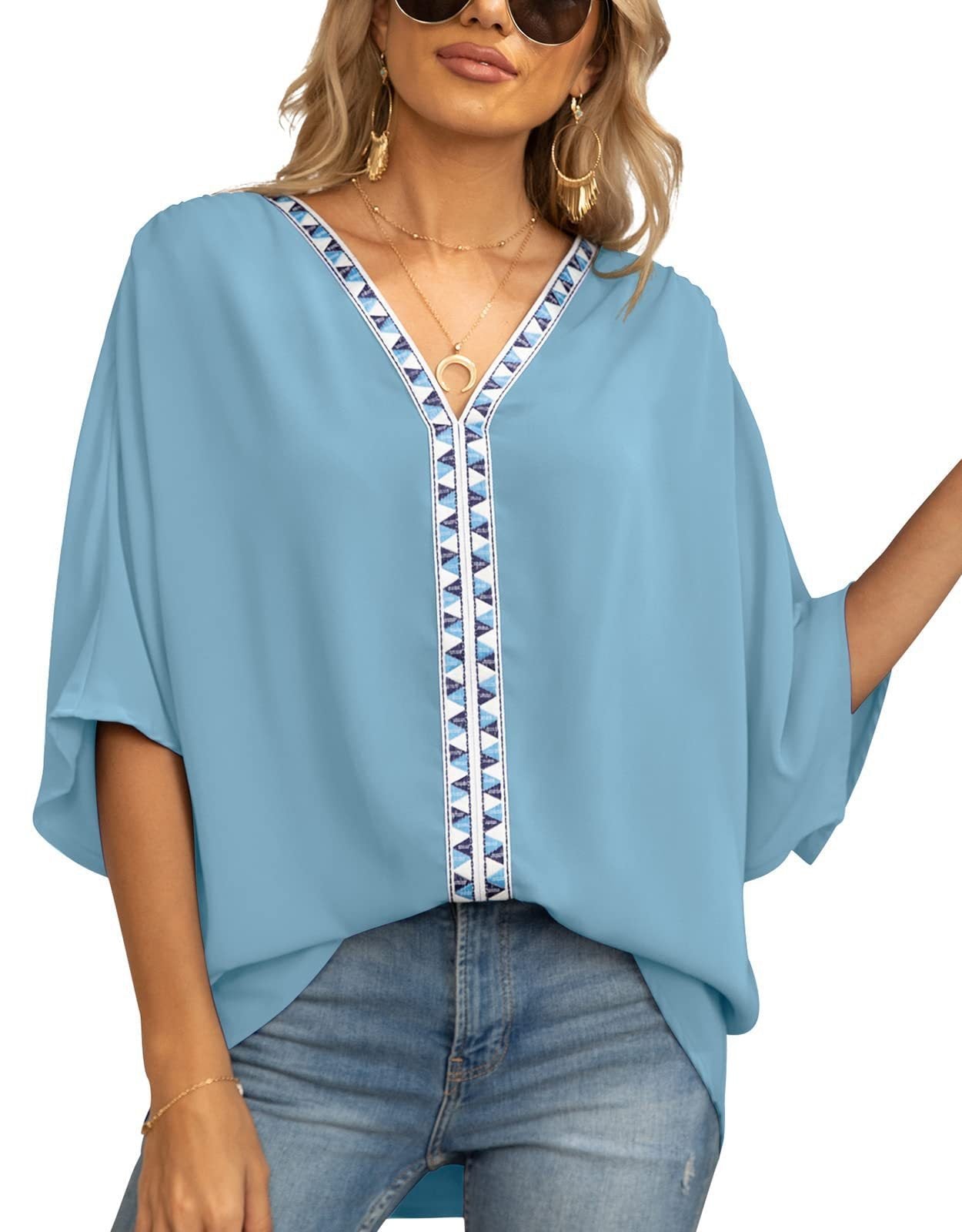 Scarlett | Women's Relaxed V-Neck Geometric Trim Oversized Tunic Top