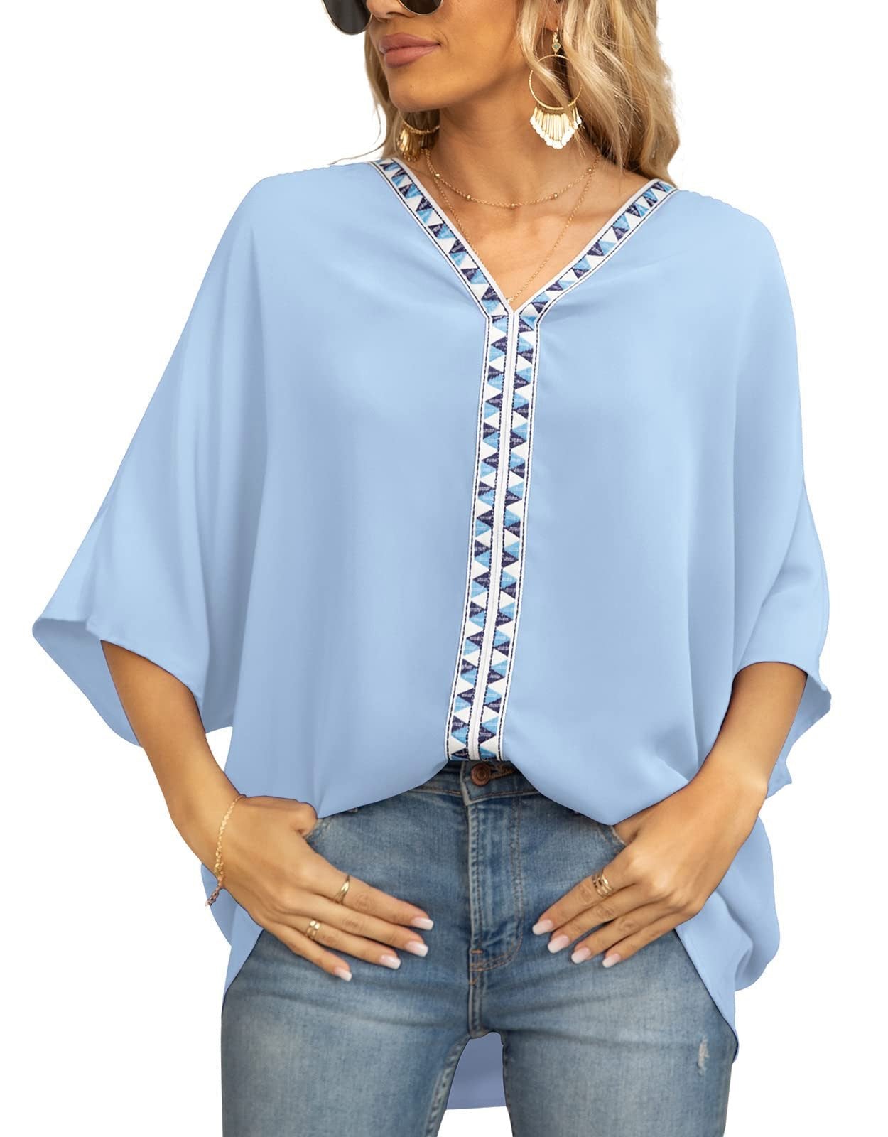 Scarlett | Women's Relaxed V-Neck Geometric Trim Oversized Tunic Top