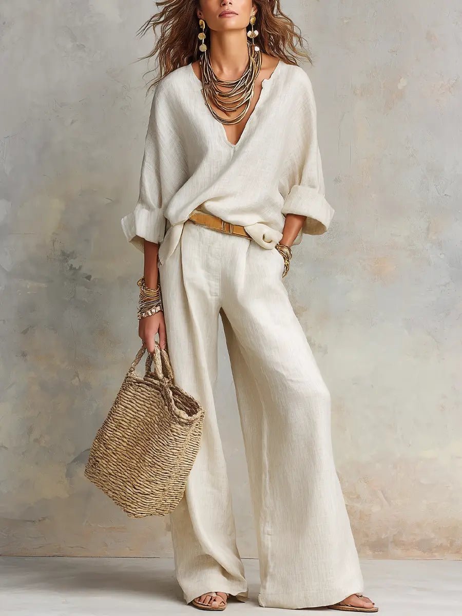 Harper | Women's Relaxed V-Neck Linen Two-Piece Wide Leg Pants Set