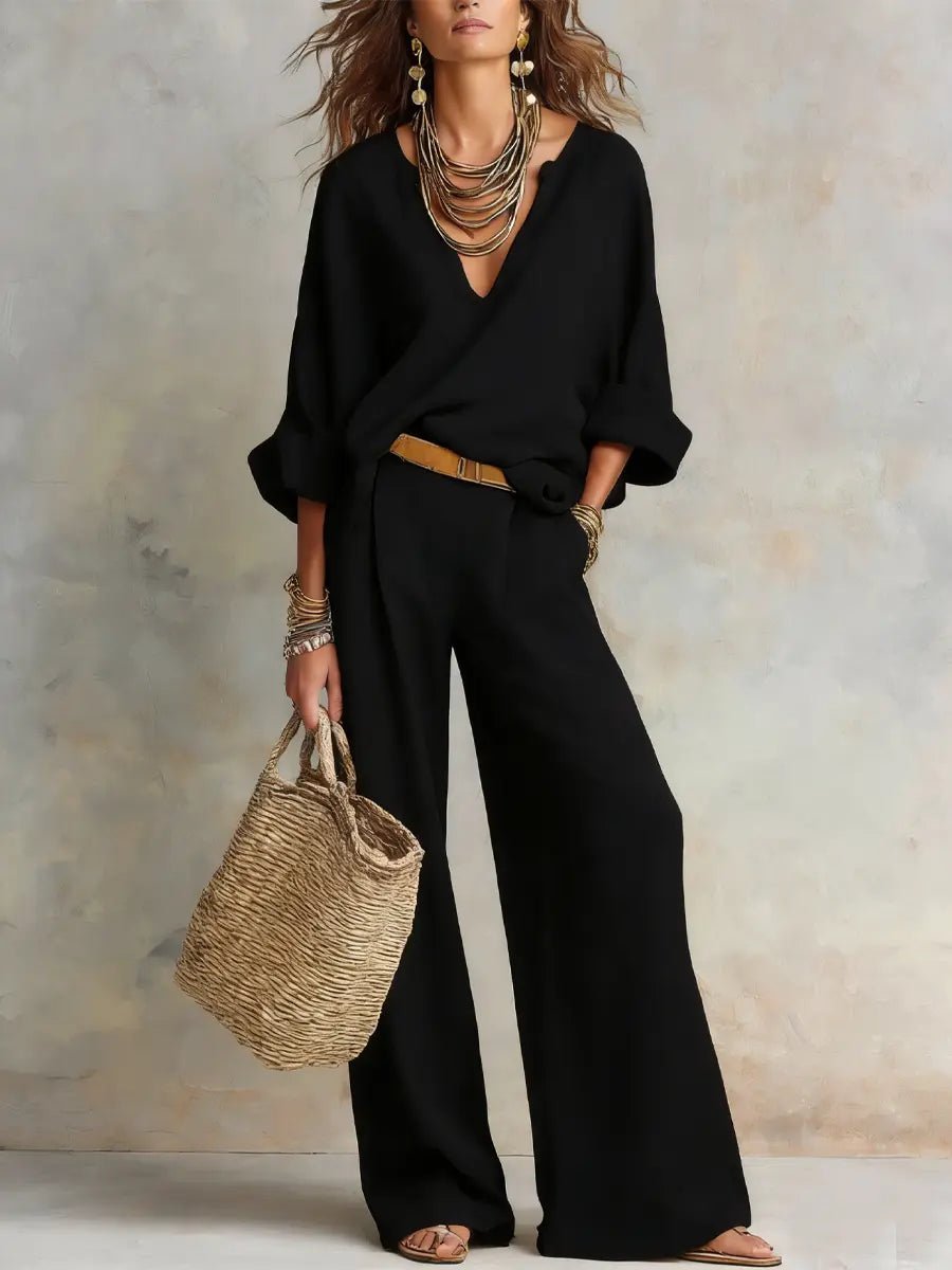 Harper | Women's Relaxed V-Neck Linen Two-Piece Wide Leg Pants Set