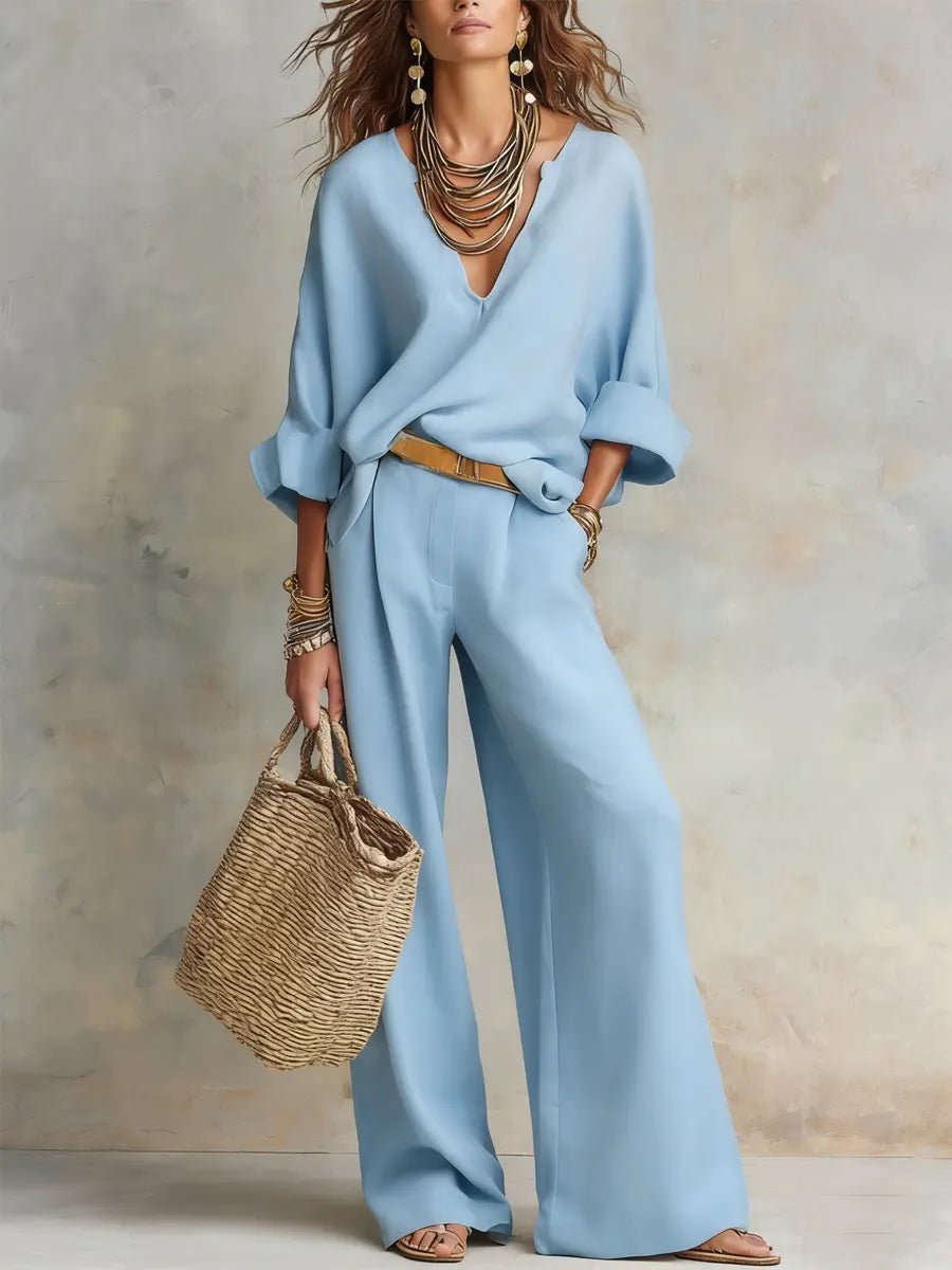 Harper | Women's Relaxed V-Neck Linen Two-Piece Wide Leg Pants Set