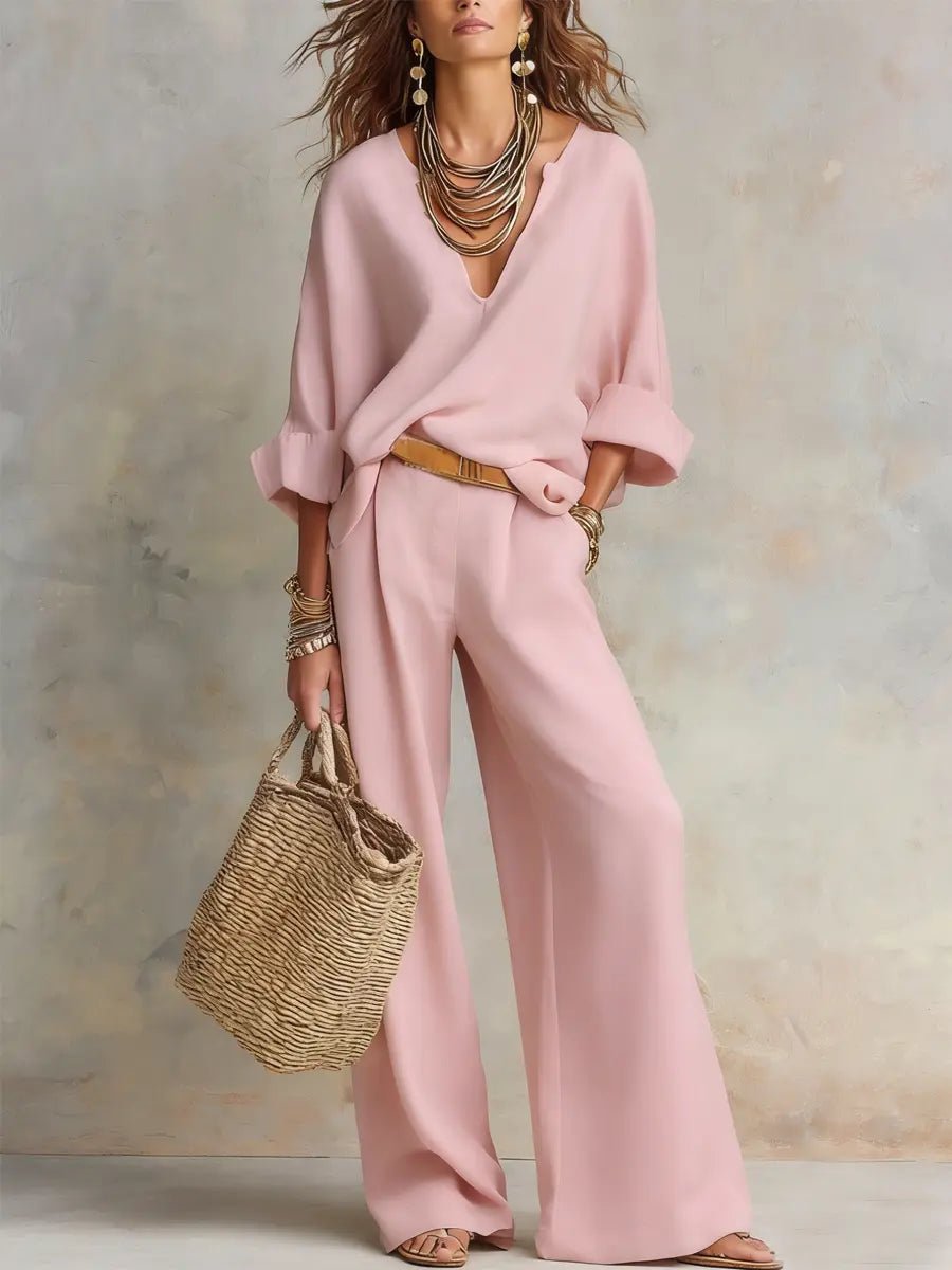 Harper | Women's Relaxed V-Neck Linen Two-Piece Wide Leg Pants Set