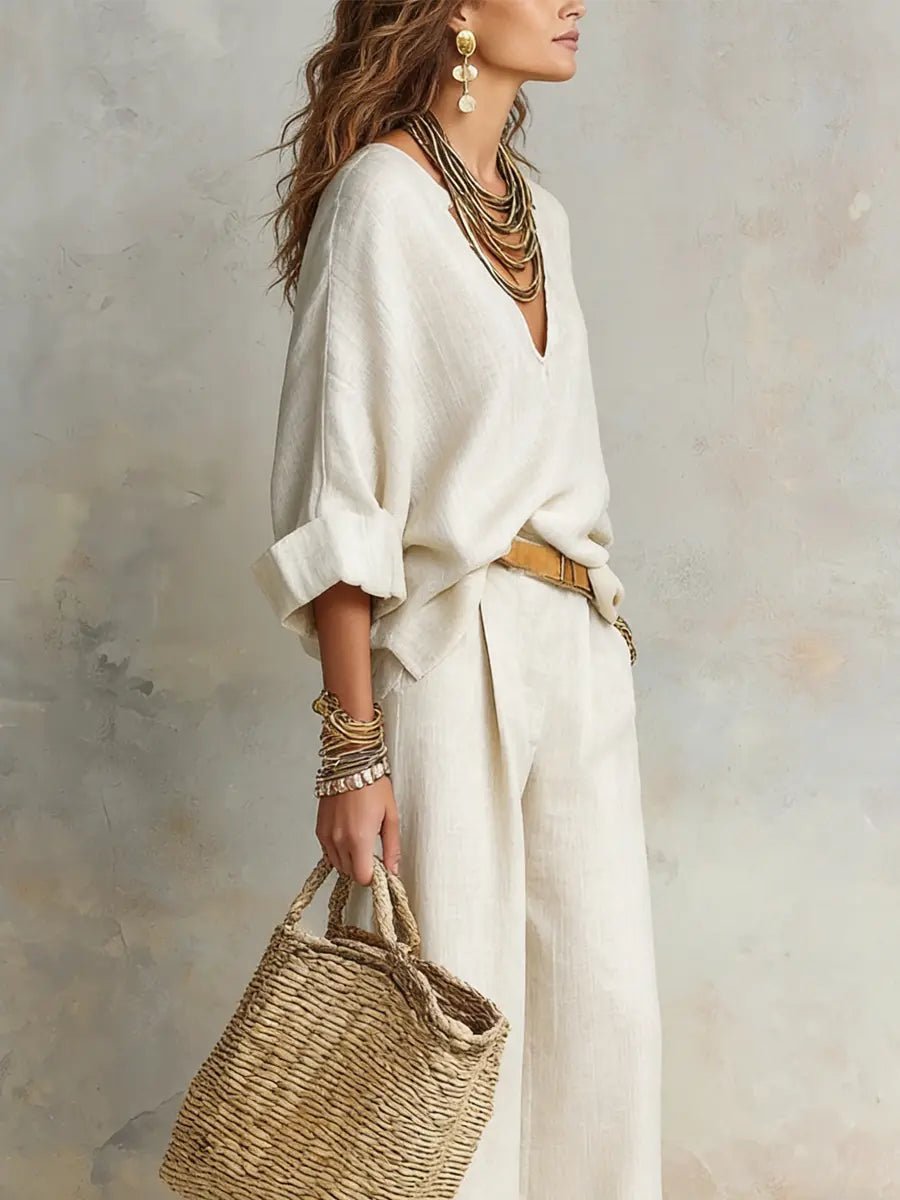 Harper | Women's Relaxed V-Neck Linen Two-Piece Wide Leg Pants Set