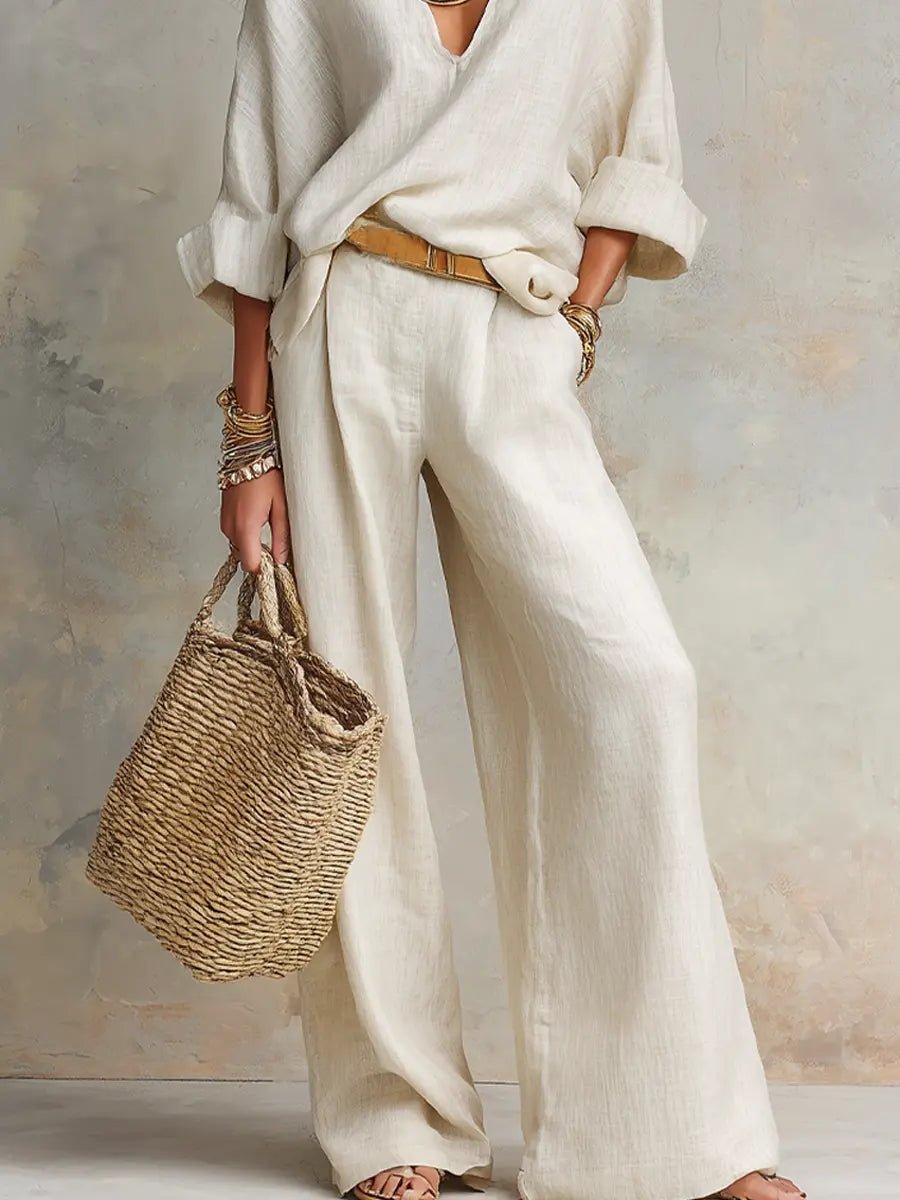 Harper | Women's Relaxed V-Neck Linen Two-Piece Wide Leg Pants Set