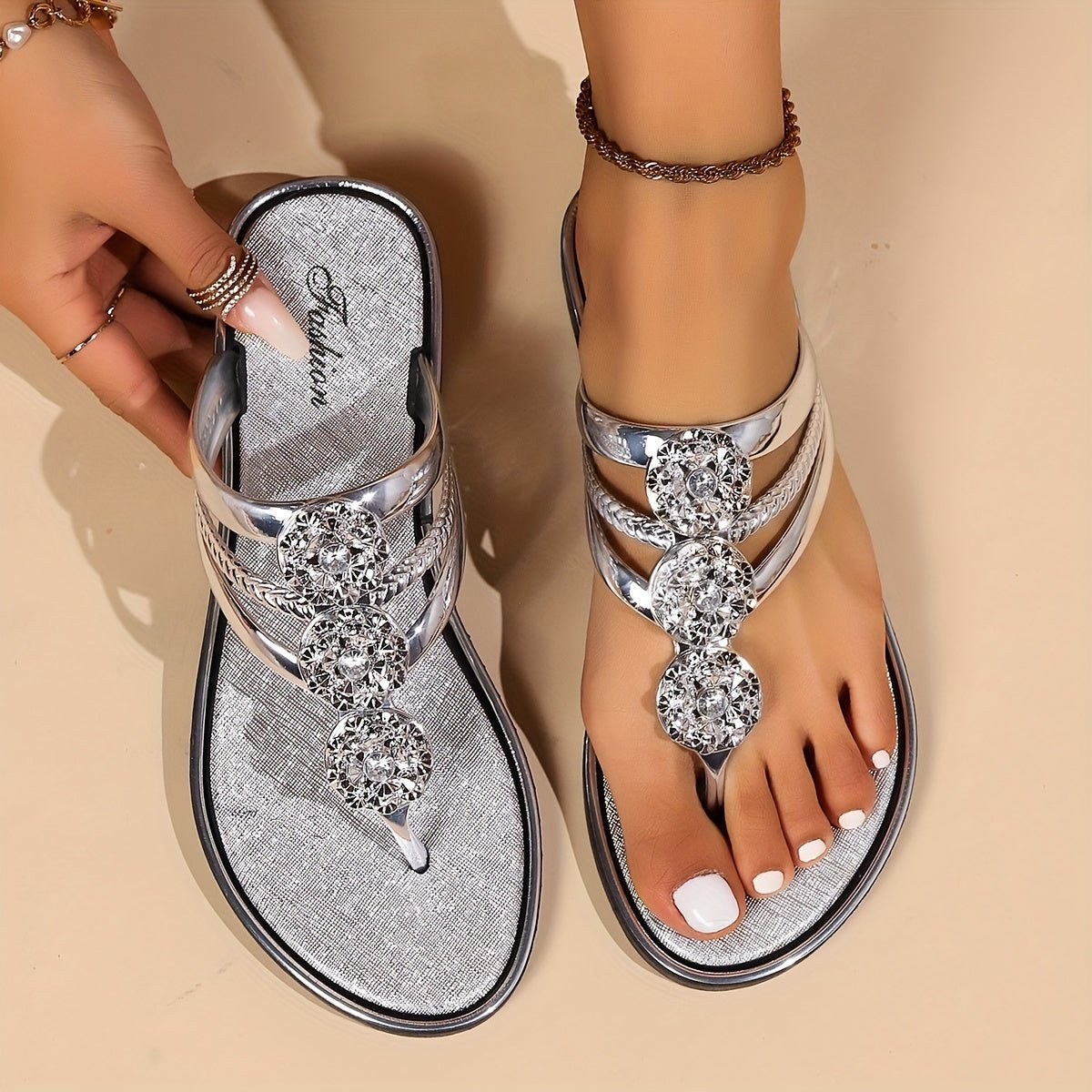 Harper | Women's Rhinestone T-Strap Flat Sandals Slip-On