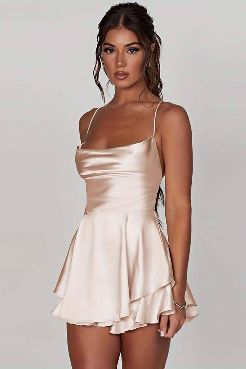 Luna | Women's Satin Square-Neck Ruffle-Skirt Mini Cocktail Dress