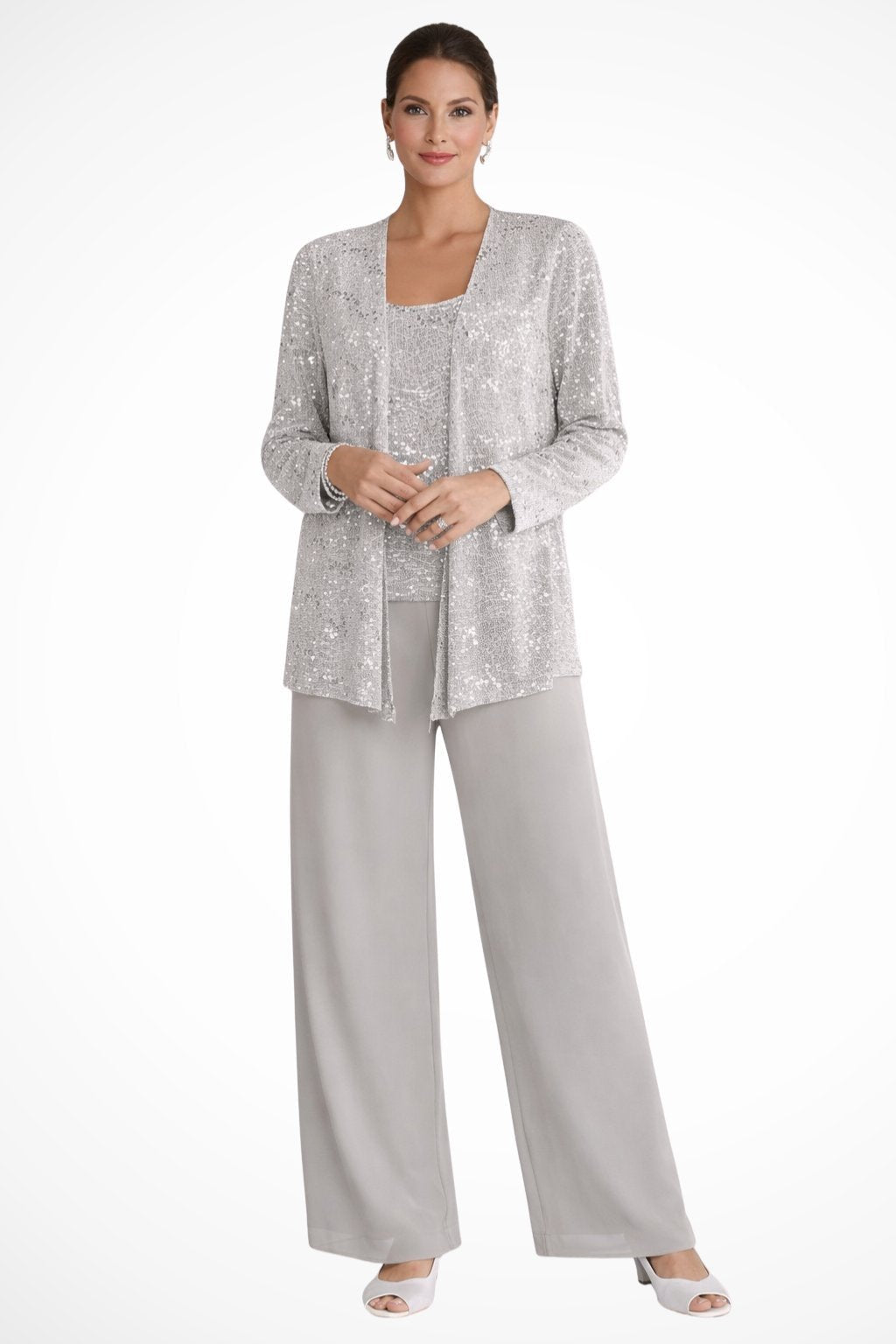Luna | Women's Sequined Three-Piece Wide Leg Pants Suit Long Sleeve