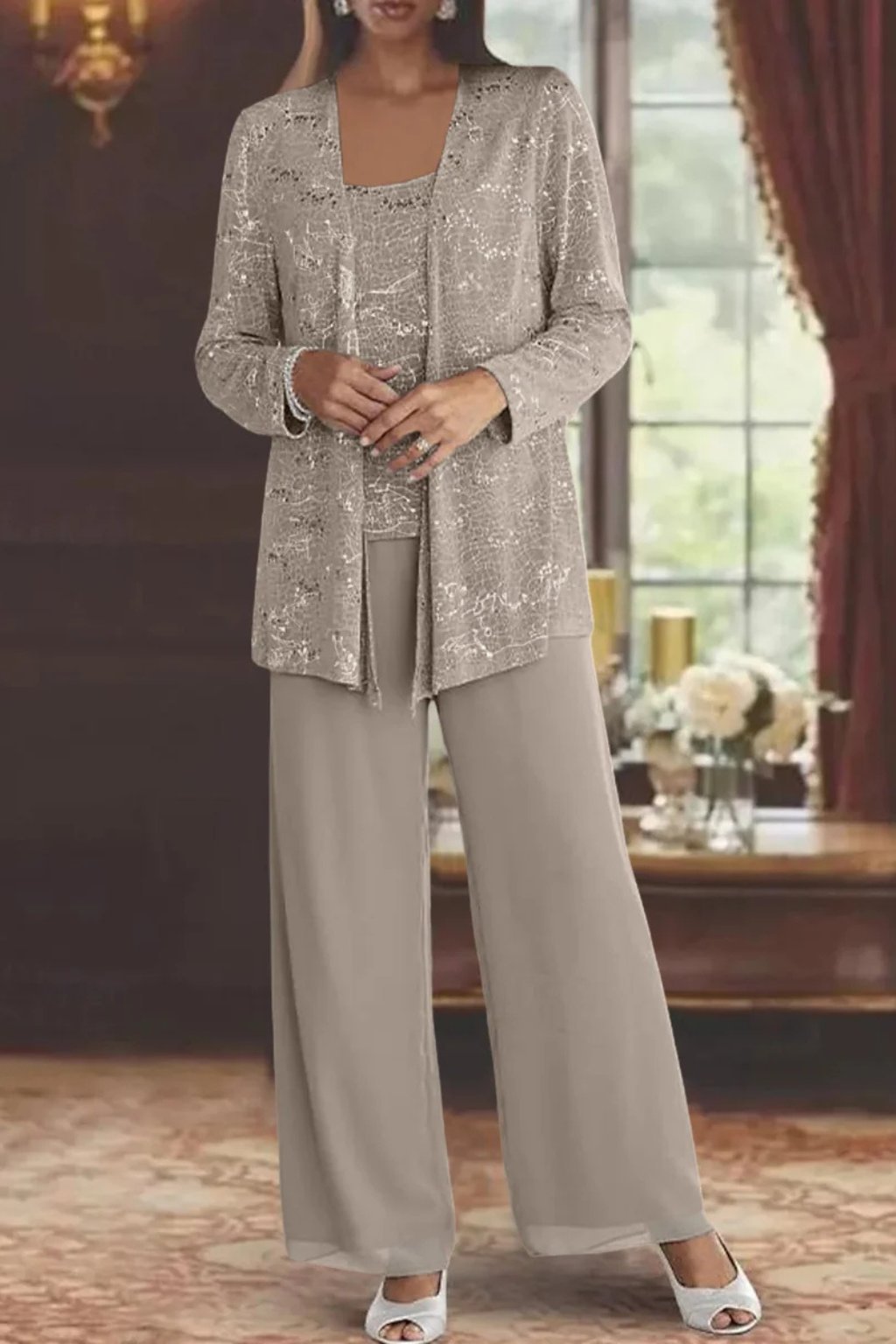 Luna | Women's Sequined Three-Piece Wide Leg Pants Suit Long Sleeve