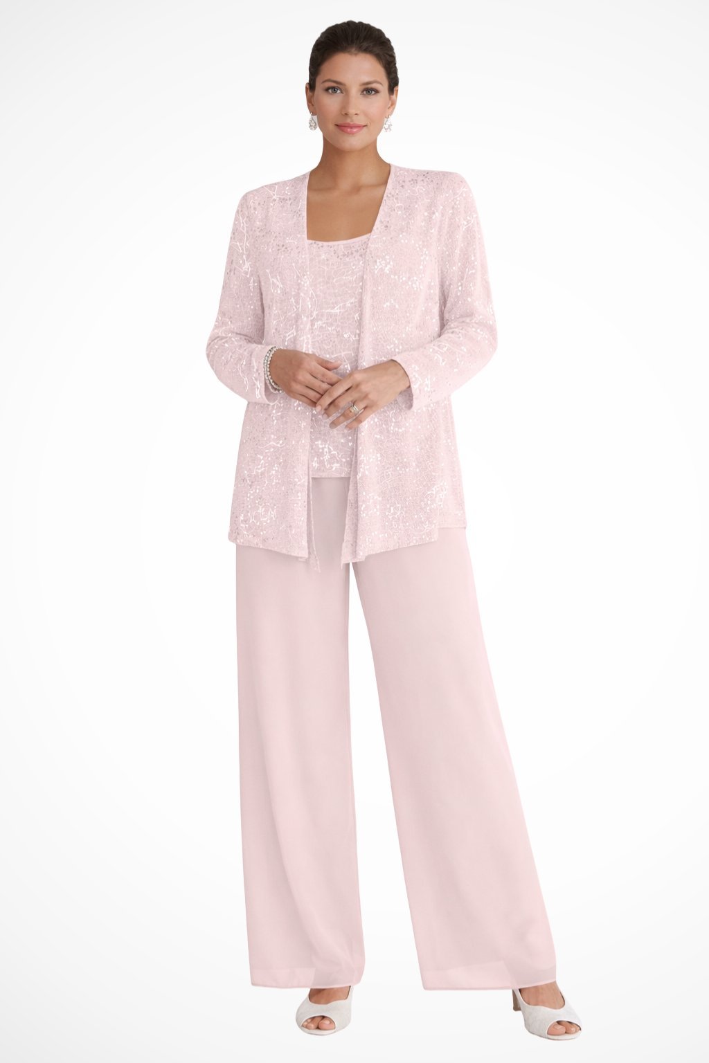 Luna | Women's Sequined Three-Piece Wide Leg Pants Suit Long Sleeve