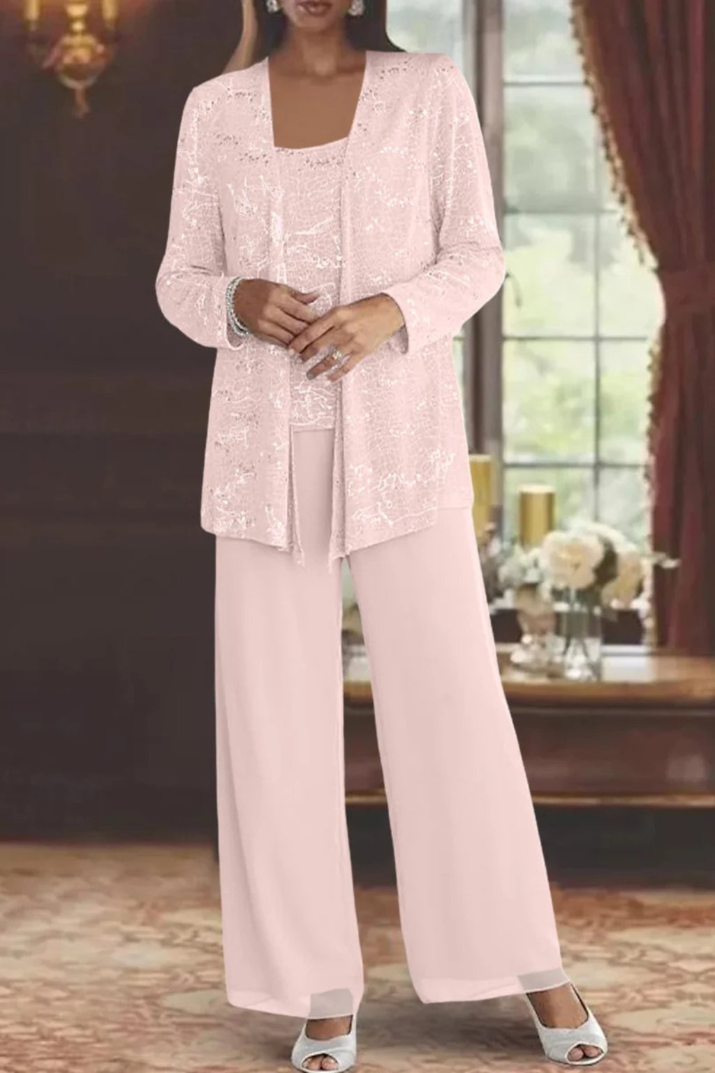 Luna | Women's Sequined Three-Piece Wide Leg Pants Suit Long Sleeve