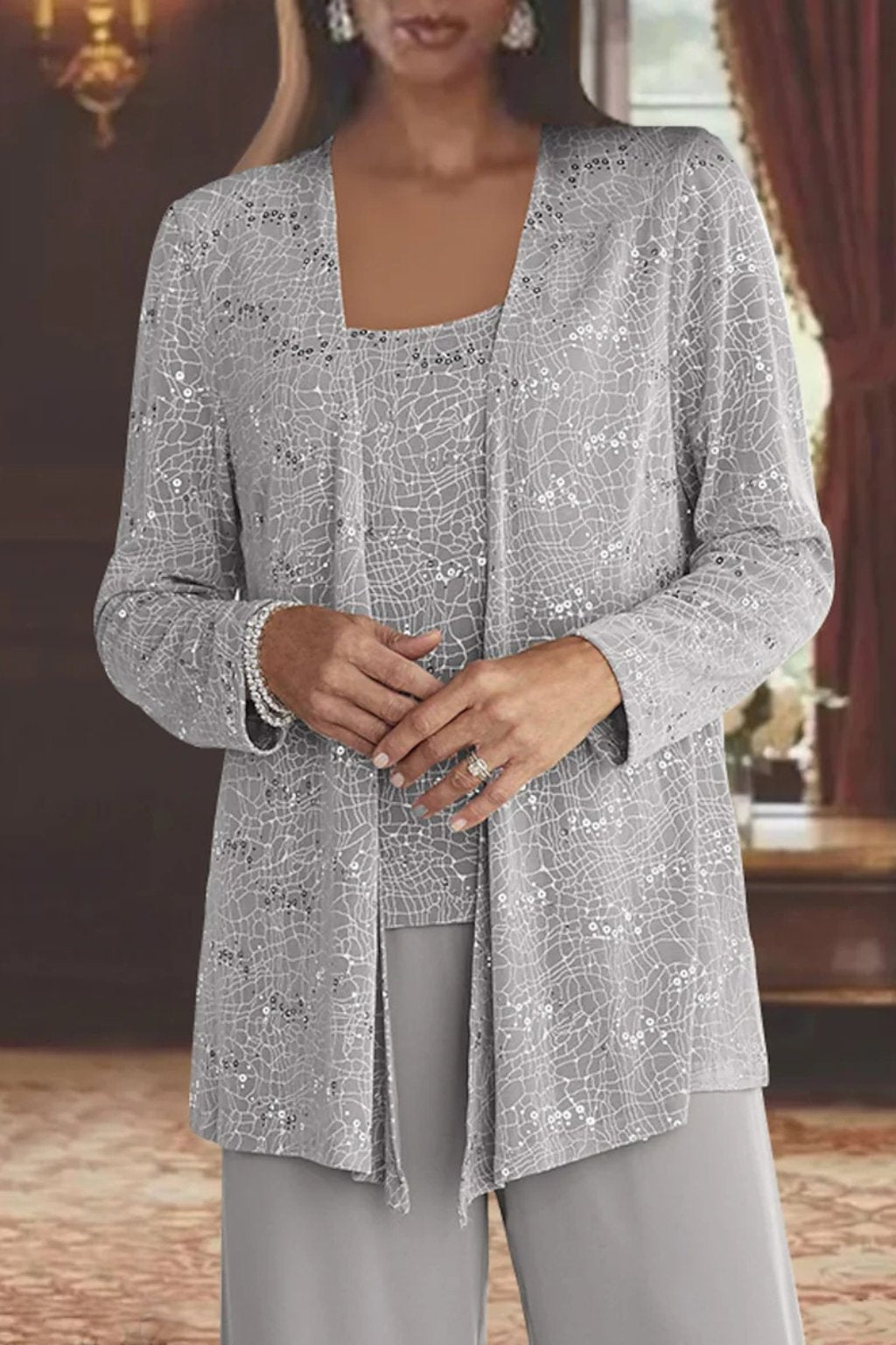 Luna | Women's Sequined Three-Piece Wide Leg Pants Suit Long Sleeve