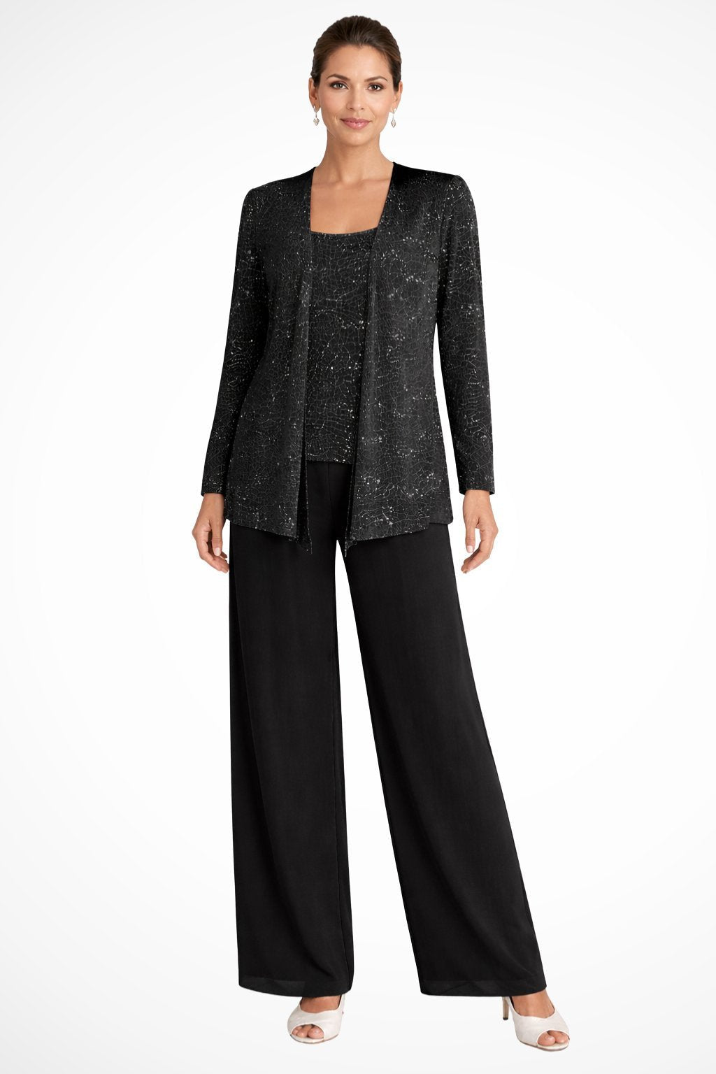 Luna | Women's Sequined Three-Piece Wide Leg Pants Suit Long Sleeve