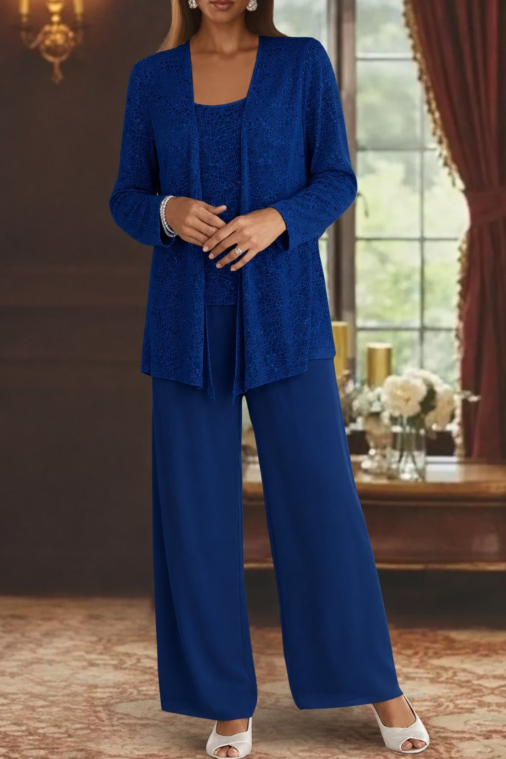 Luna | Women's Sequined Three-Piece Wide Leg Pants Suit Long Sleeve