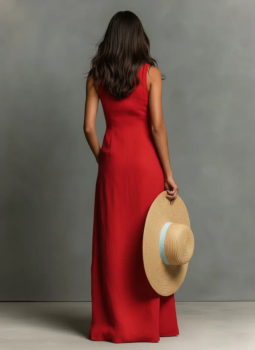 Penelope | Women's Sleeveless Collared Linen Button-Front Maxi Dress