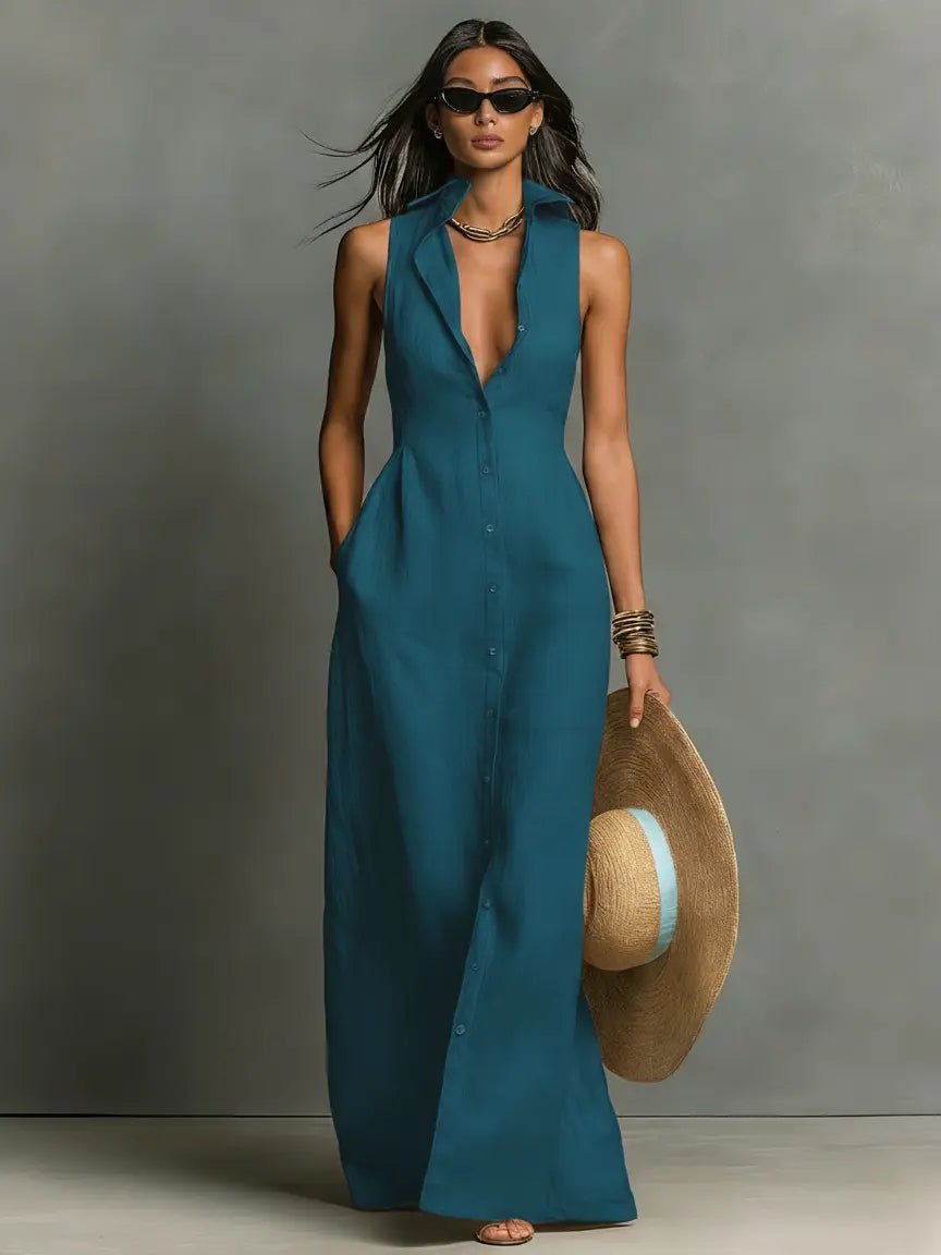 Penelope | Women's Sleeveless Collared Linen Button-Front Maxi Dress