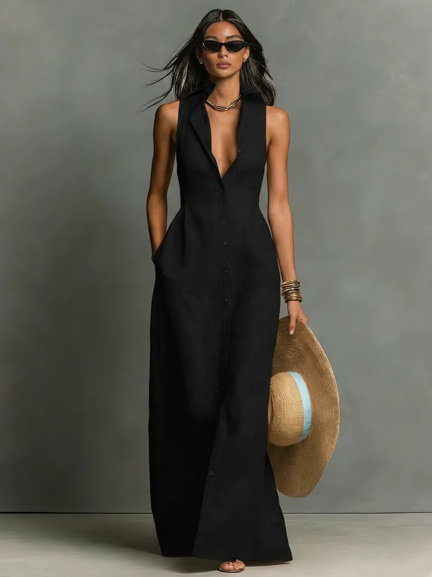 Penelope | Women's Sleeveless Collared Linen Button-Front Maxi Dress