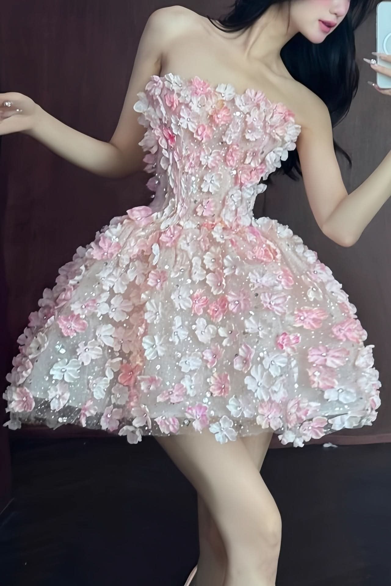 Olivia | Women's Strapless 3D Floral Embellished Mini Cocktail Dress