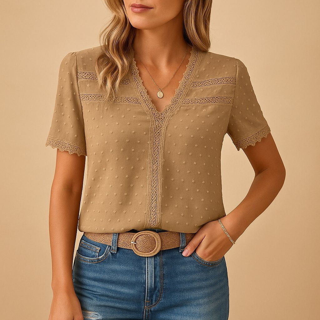 Camila | Women's Swiss Dot Lace-Trim V-Neck Short-Sleeve Blouse