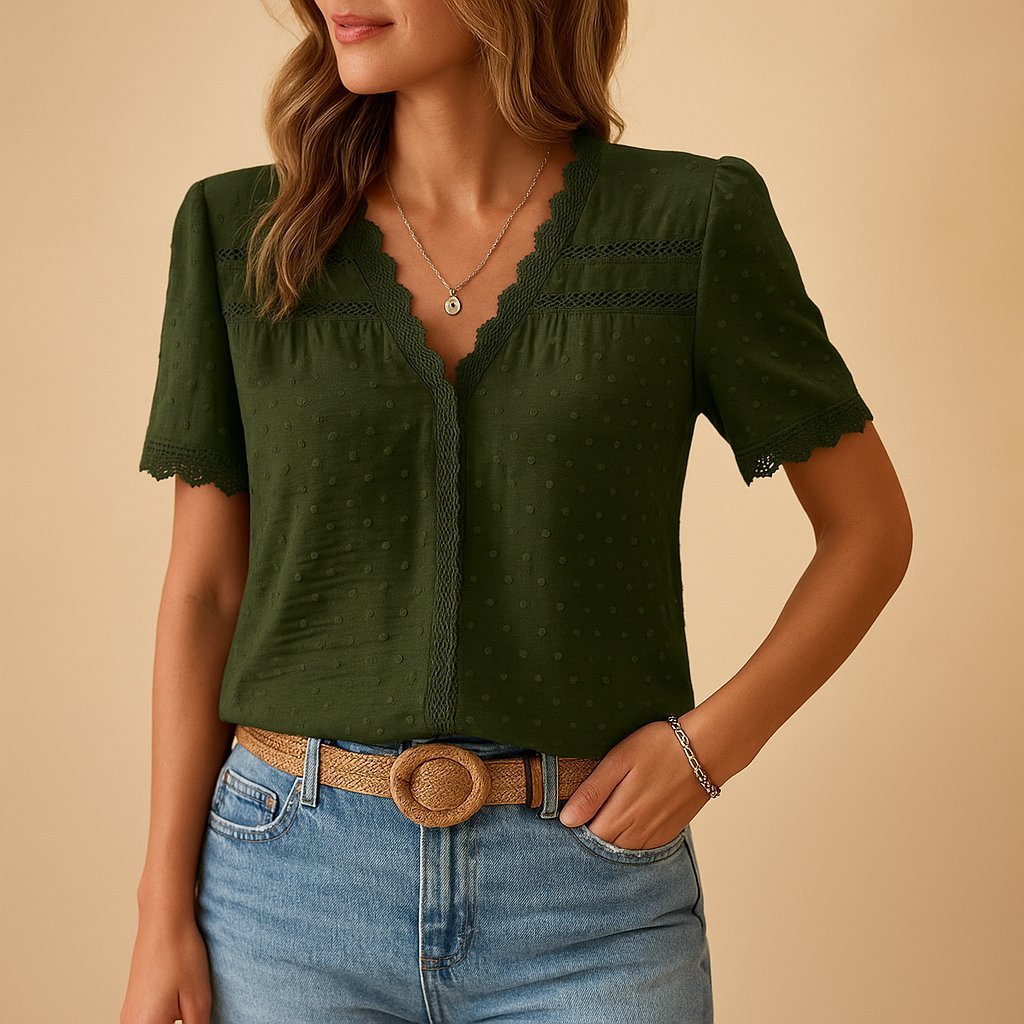 Camila | Women's Swiss Dot Lace-Trim V-Neck Short-Sleeve Blouse