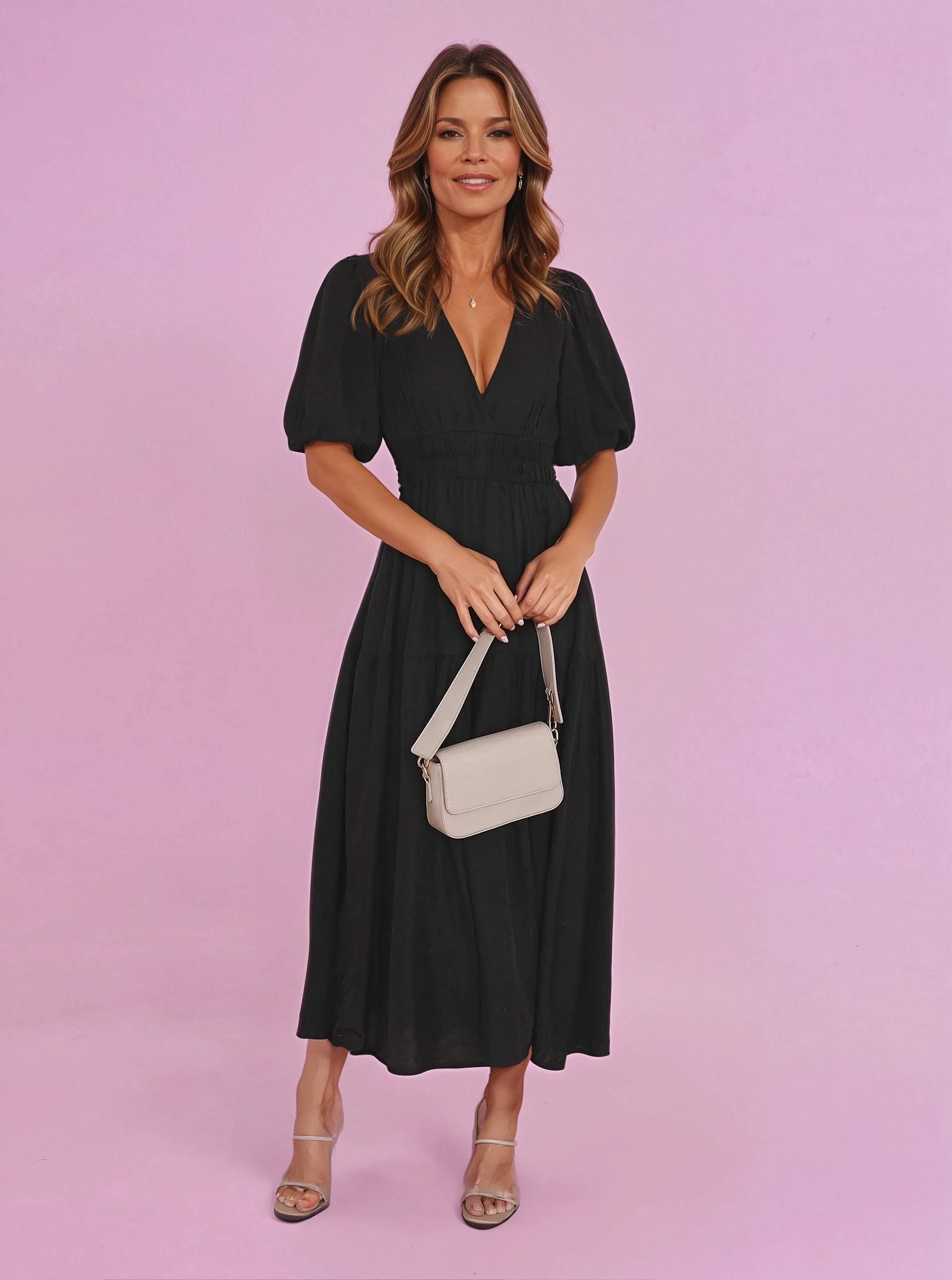 Eleanor | Women's V-Neck Puff Sleeve Midi Dress Smocked Waist