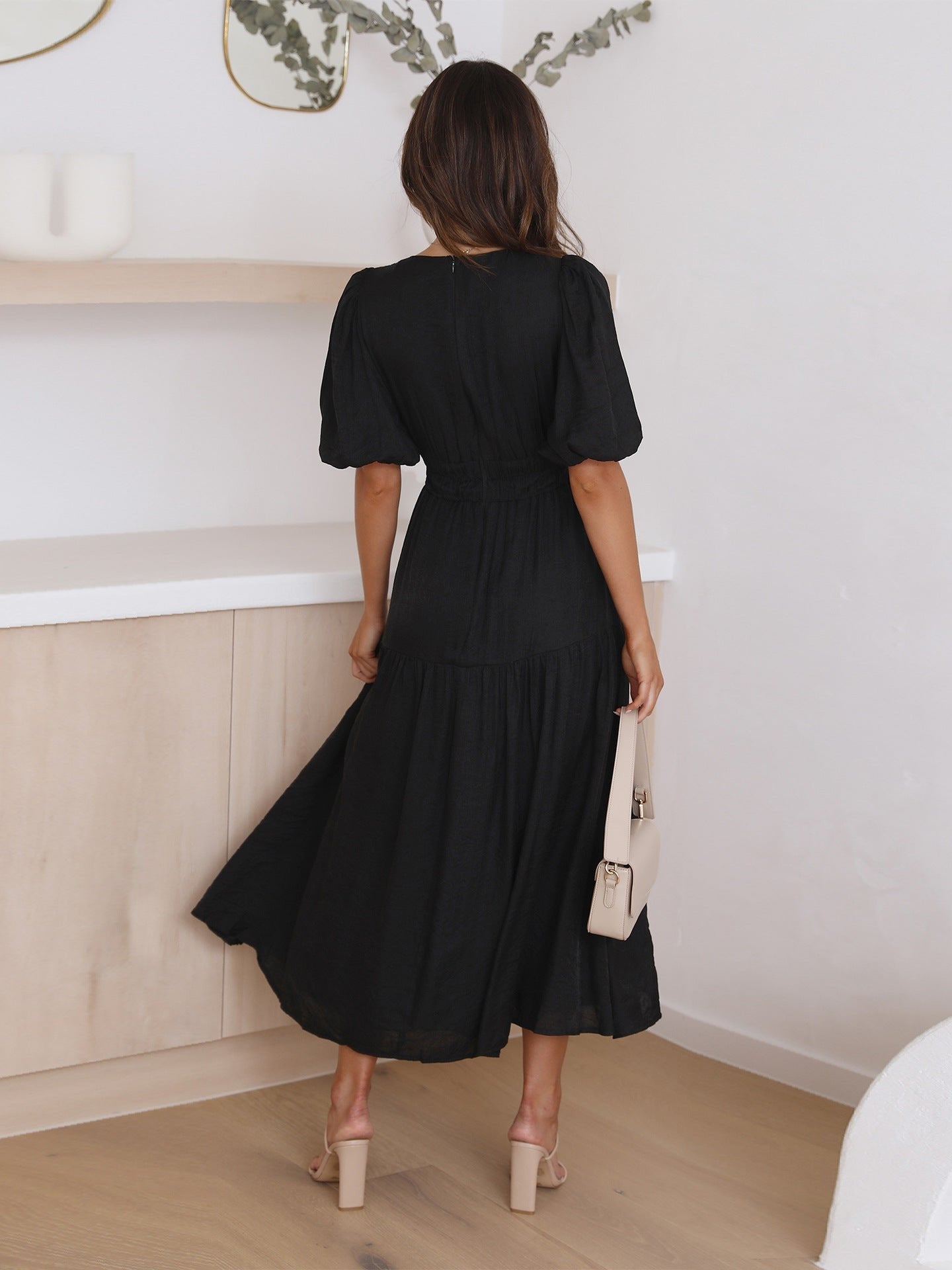 Eleanor | Women's V-Neck Puff Sleeve Midi Dress Smocked Waist