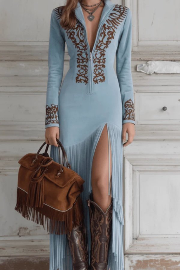 Isabella | Women's Western Fringe Long-Sleeve Evening Gown Maxi Dress
