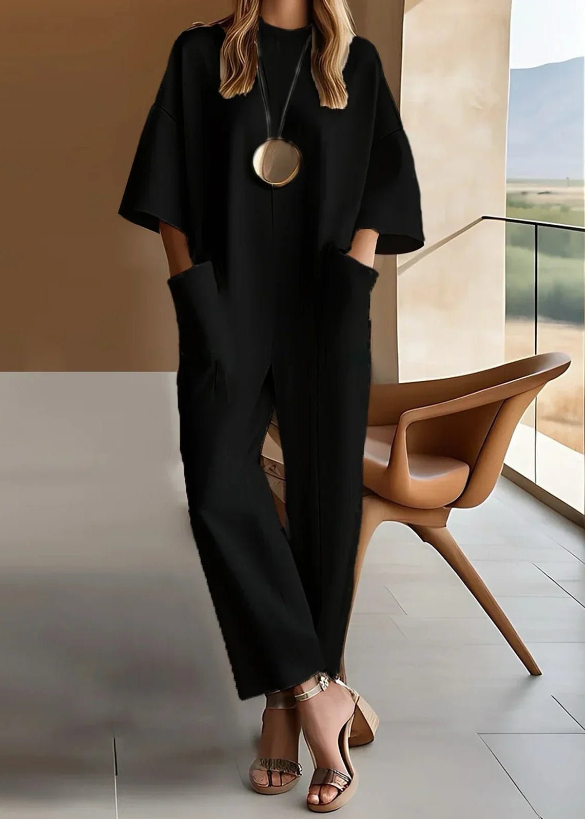 Grace | Women's Wide Leg Jumpsuit Short Sleeve Crew Neck